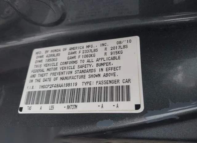 1HGCP2F49AA198119 2010 2010 Honda Accord- 2-4 Lx-P 9