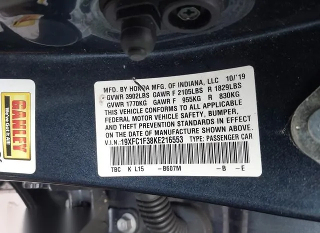 19XFC1F38KE216553 2019 2019 Honda Civic- EX 9