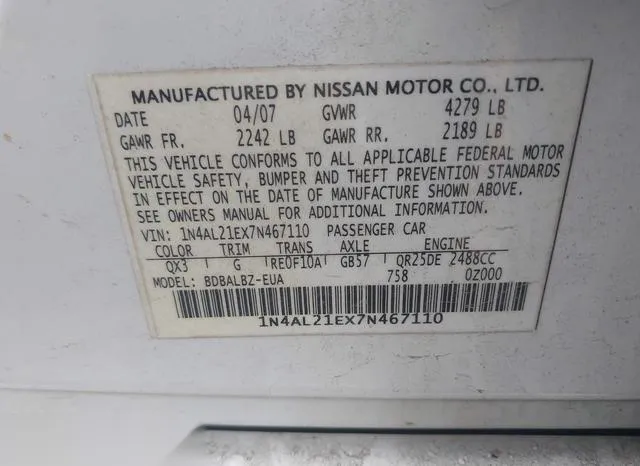 1N4AL21EX7N467110 2007 2007 Nissan Altima- 2-5 S 9