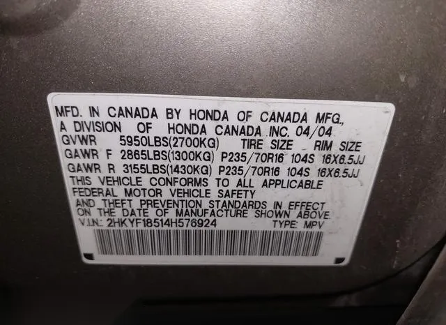 2HKYF18514H576924 2004 2004 Honda Pilot- Ex-L 9