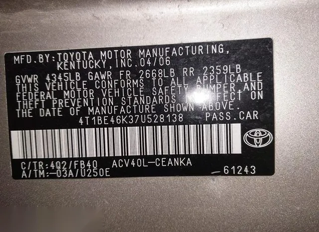 4T1BE46K37U528138 2007 2007 Toyota Camry- LE 9