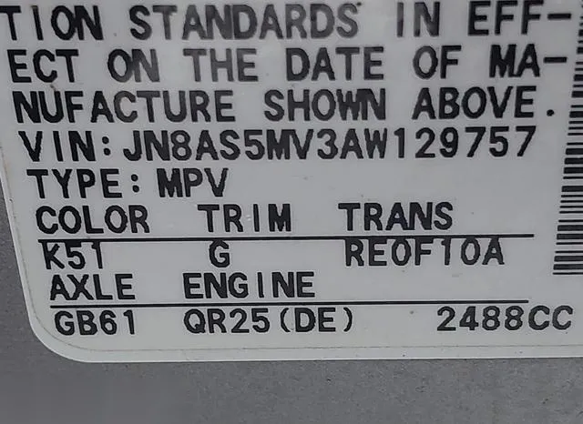 JN8AS5MV3AW129757 2010 2010 Nissan Rogue- S 9