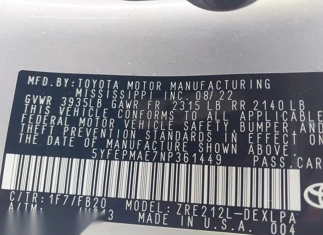 5YFEPMAE7NP361449 2022 2022 Toyota Corolla- LE 9