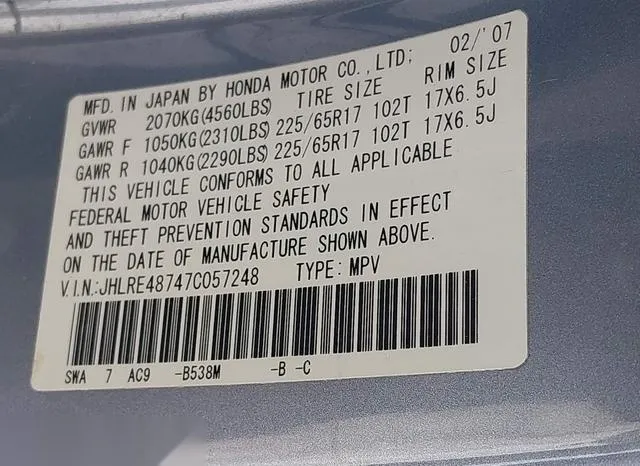 JHLRE48747C057248 2007 2007 Honda CR-V- Ex-L 9