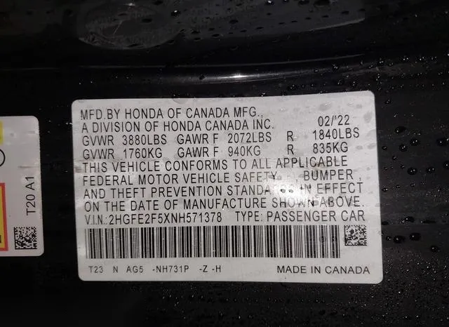 2HGFE2F5XNH571378 2022 2022 Honda Civic- Sport 9