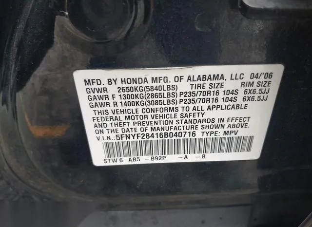 5FNYF28416B040716 2006 2006 Honda Pilot- EX 9