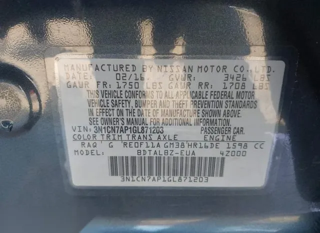 3N1CN7AP1GL871203 2016 2016 Nissan Versa- 1-6 SV 9