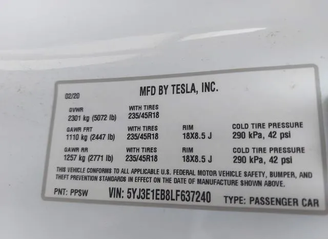 5YJ3E1EB8LF637240 2020 2020 Tesla Model 3- Long Range Dual 9