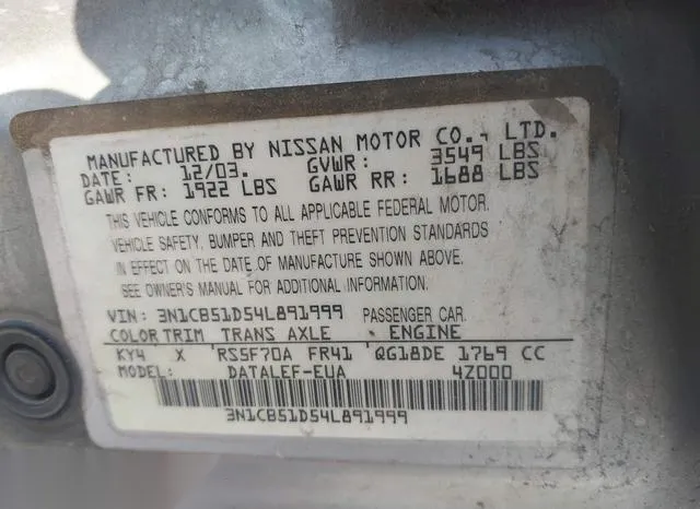 3N1CB51D54L891999 2004 2004 Nissan Sentra- 1-8S 9