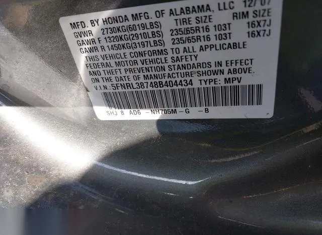 5FNRL38748B404434 2008 2008 Honda Odyssey- Ex-L 9