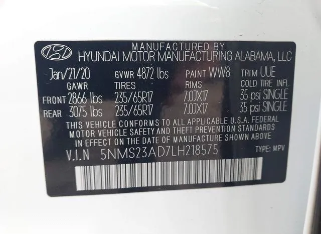 5NMS23AD7LH218575 2020 2020 Hyundai Santa Fe- SE 9