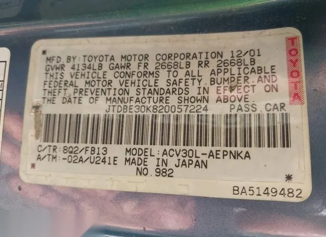 JTDBE30K820057224 2002 2002 Toyota Camry- LE 9