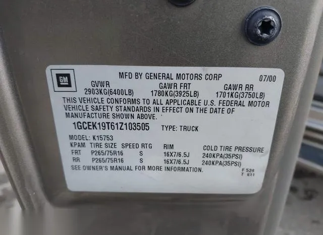 1GCEK19T61Z103505 2001 2001 Chevrolet Silverado 1500- LS 9