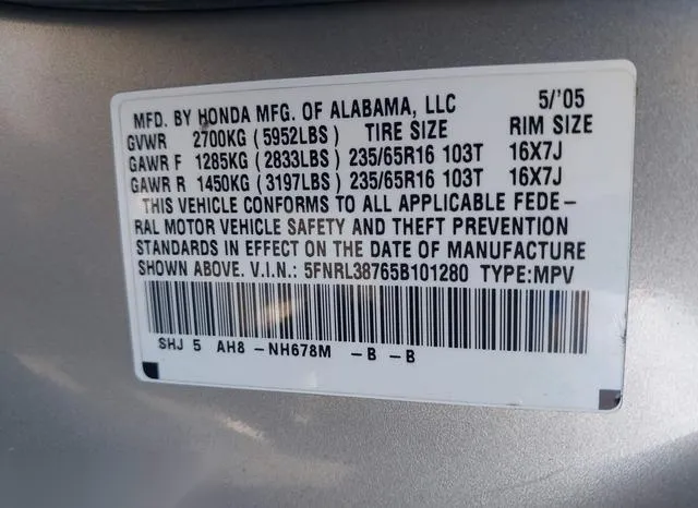 5FNRL38765B101280 2005 2005 Honda Odyssey- Ex-L 9