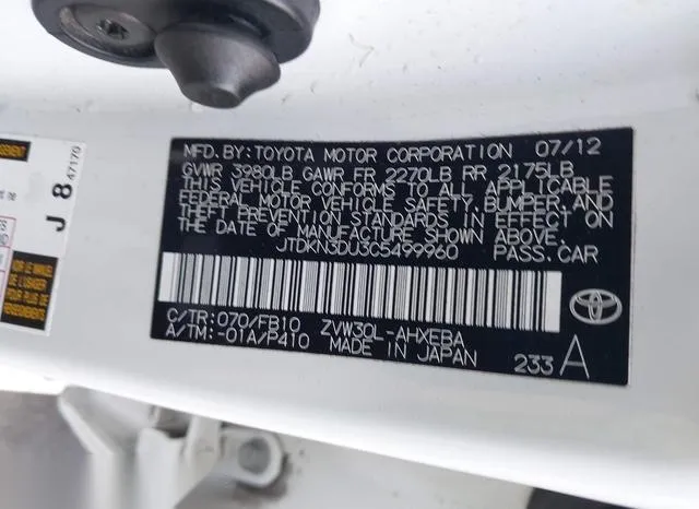 JTDKN3DU3C5499960 2012 2012 Toyota Prius- Three 9