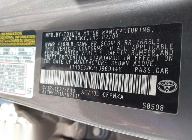 4T1BE32K34U869146 2004 2004 Toyota Camry- LE 9