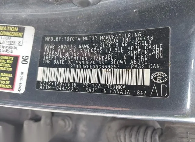 2T1BURHE3GC669297 2016 2016 Toyota Corolla- LE 9