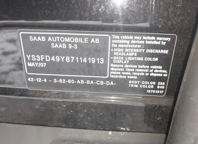 YS3FD49Y871141913 2007 2007 Saab 9-3- 2-0T 9