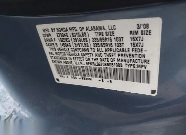 5FNRL38708B051383 2008 2008 Honda Odyssey- Ex-L 9