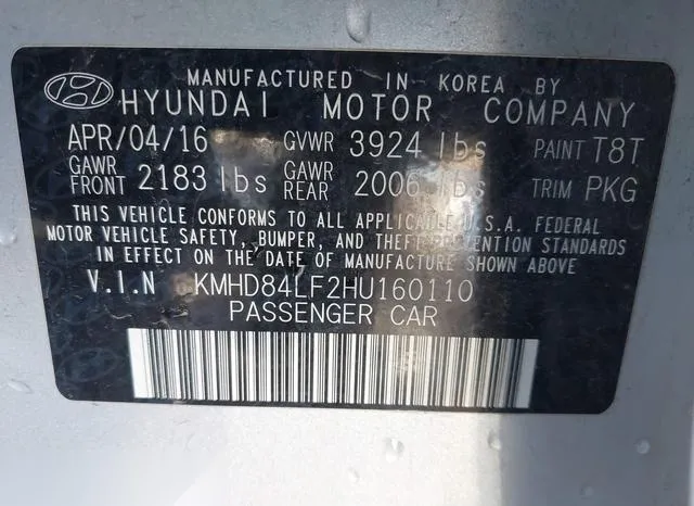 KMHD84LF2HU160110 2017 2017 Hyundai Elantra- Limited 9