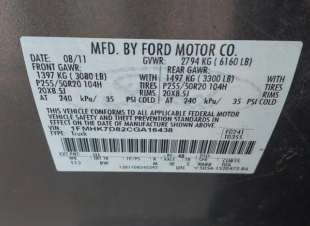 1FMHK7D82CGA16438 2012 2012 Ford Explorer- Xlt 9