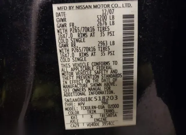 5N1AN08U18C518203 2008 2008 Nissan Xterra- S 9