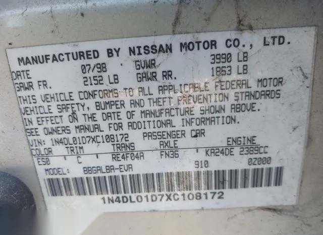 1N4DL01D7XC108172 1999 1999 Nissan Altima- Gle/Gxe/Se/Se-L/Xe 9