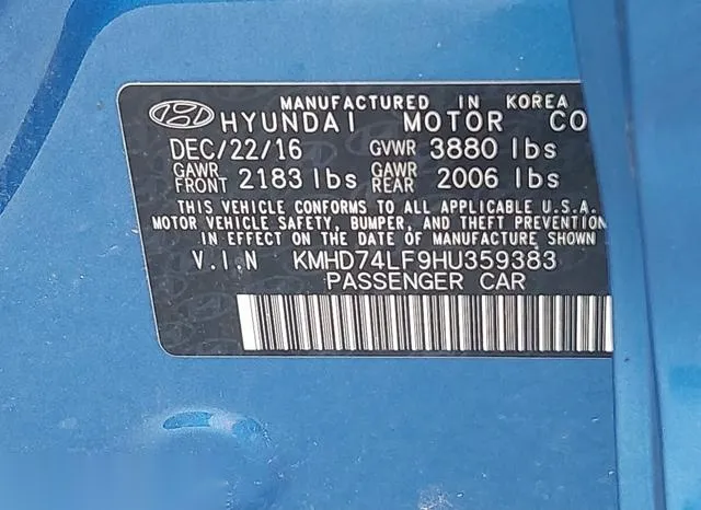 KMHD74LF9HU359383 2017 2017 Hyundai Elantra- SE 9