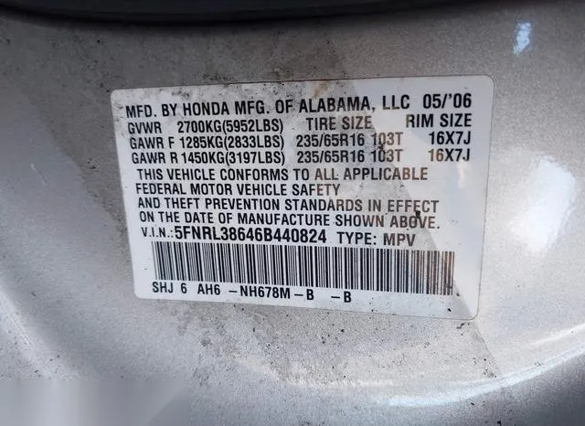 5FNRL38646B440824 2006 2006 Honda Odyssey- Ex-L 9