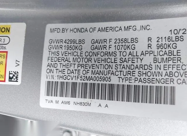 1HGCV1F52MA005905 2021 2021 Honda Accord- Ex-L 9