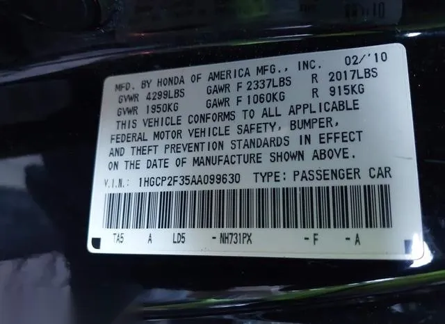 1HGCP2F35AA099630 2010 2010 Honda Accord- 2-4 LX 9