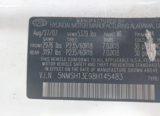 5NMSH13E98H145483 2008 2008 Hyundai Santa Fe- Limited/Se 9