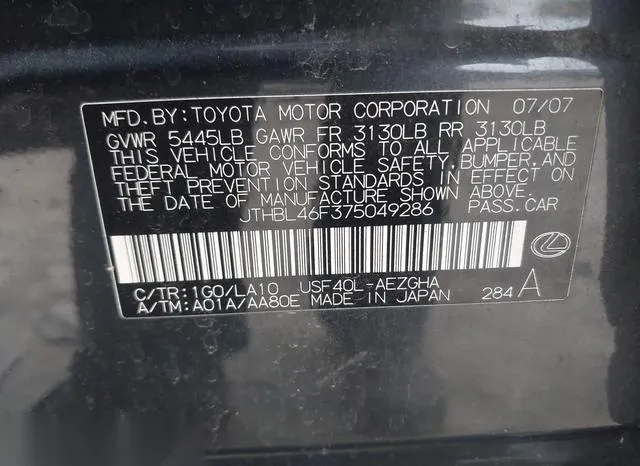 JTHBL46F375049286 2007 2007 Lexus LS- 460 9