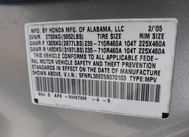 5FNRL38825B070103 2005 2005 Honda Odyssey- Touring 9