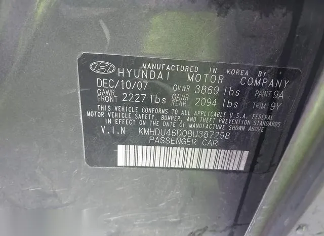 KMHDU46D08U387298 2008 2008 Hyundai Elantra- Gls/Se/Limited 9