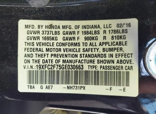 19XFC2F75GE030663 2016 2016 Honda Civic- EX 9