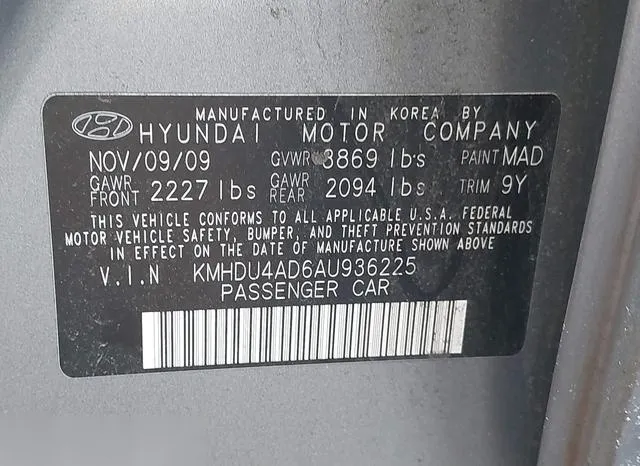 KMHDU4AD6AU936225 2010 2010 Hyundai Elantra- Gls 9