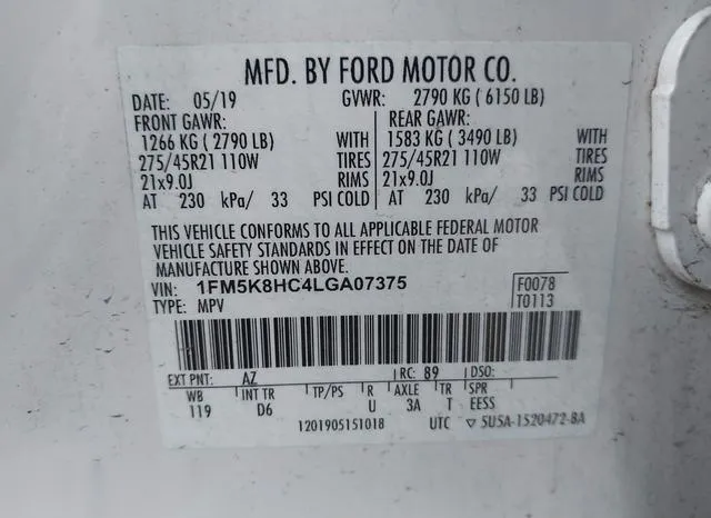 1FM5K8HC4LGA07375 2020 2020 Ford Explorer- Platinum 9