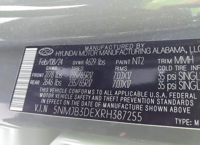 5NMJB3DEXRH387255 2024 2024 Hyundai Tucson- Sel 9