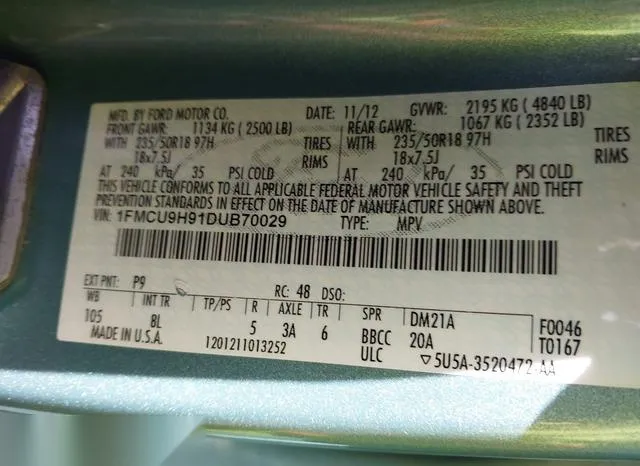 1FMCU9H91DUB70029 2013 2013 Ford Escape- Sel 9