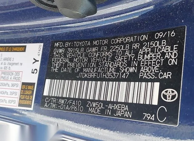 JTDKBRFU1H3537147 2017 2017 Toyota Prius- Two 9