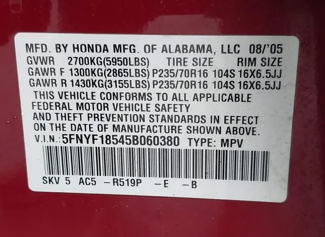 5FNYF18545B060380 2005 2005 Honda Pilot- Ex-L 9