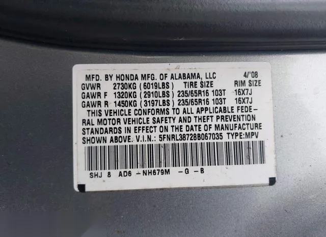 5FNRL38728B067035 2008 2008 Honda Odyssey- Ex-L 9