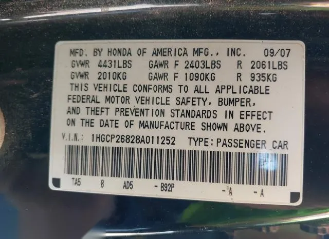 1HGCP26828A011252 2008 2008 Honda Accord- 2-4 Ex-L 9