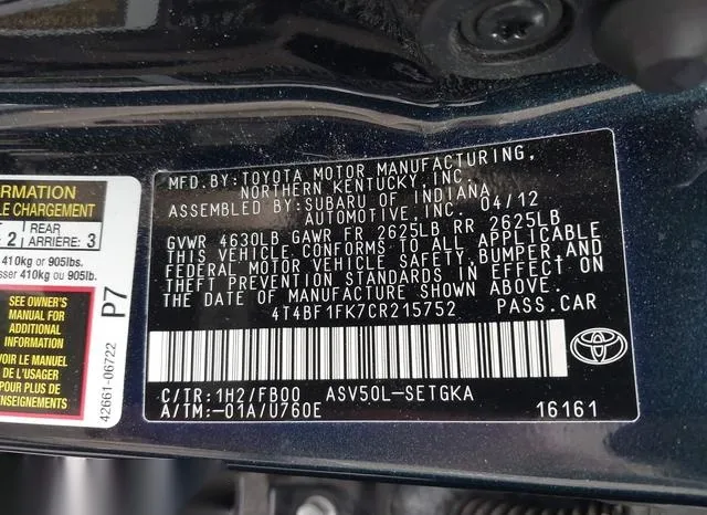 4T4BF1FK7CR215752 2012 2012 Toyota Camry- Xle 9