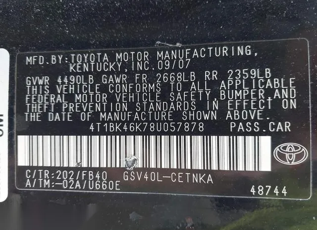 4T1BK46K78U057878 2008 2008 Toyota Camry- Le V6 9