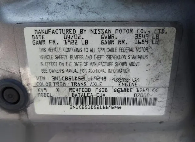 3N1CB51D52L669248 2002 2002 Nissan Sentra- Gxe 9