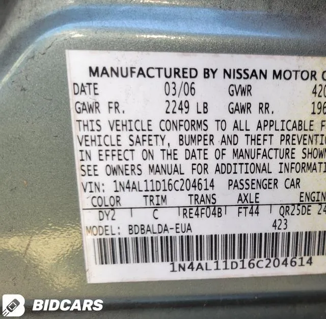 1N4AL11D16C204614 2006 2006 Nissan Altima- 2-5 S 9