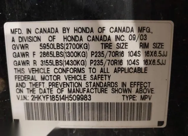 2HKYF18514H509983 2004 2004 Honda Pilot- Ex-L 9