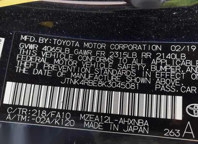 JTNK4RBE8K3045081 2019 2019 Toyota Corolla- SE 9